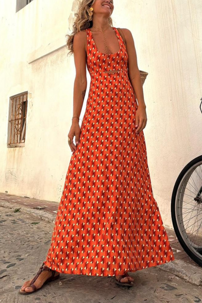 Zara® | Vestido naranja de manga corta con tirantes largos y estampado regular