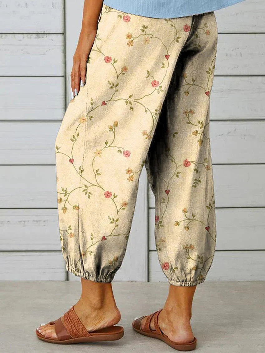 Amalie - Pantalones casuales de mujer con elegante estampado floral retro de algodón y lino