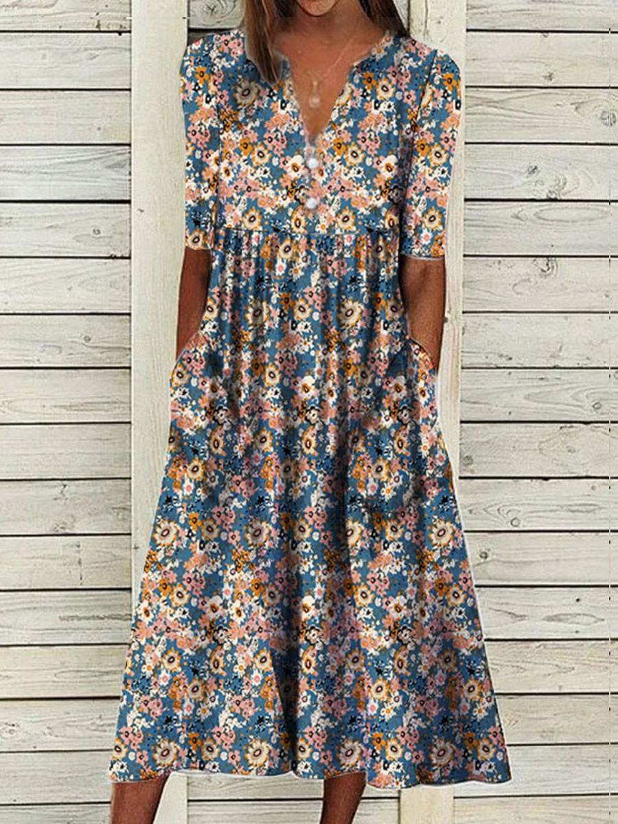 Delia - Vestido midi de verano de manga corta con estampado floral