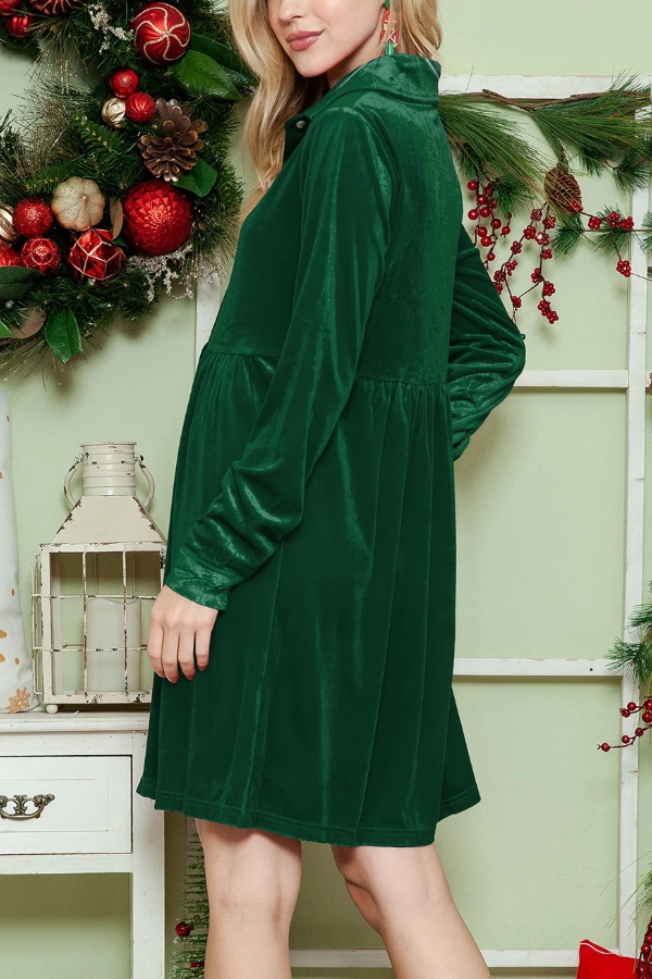 Solveig® | Vestido camisero verde de manga larga con volantes y botones de terciopelo