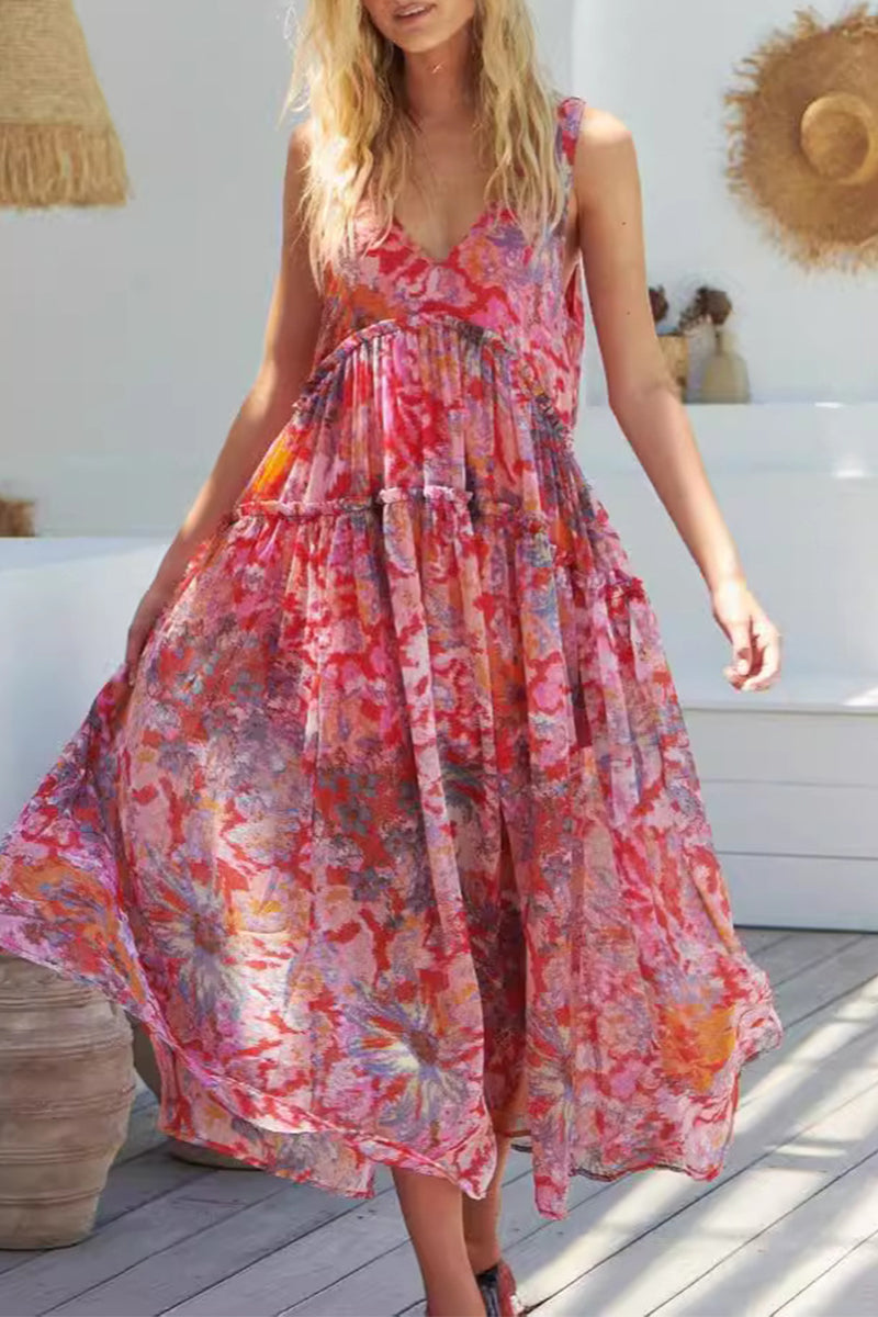 Solange® | Vestidos casuales sin mangas con pliegues florales y escote en pico.