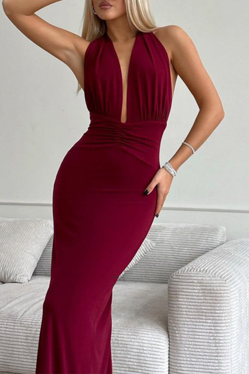 Zaira® | Vestidos de noche sexys con cuello halter fruncido, sin espalda, de color sólido