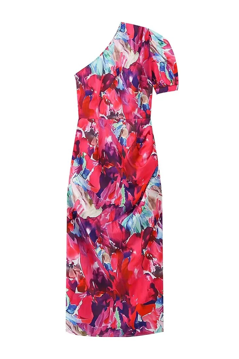 Tania® | Vestido elegante con falda de una sola capa con hombros inclinados y estampado floral en contraste irregular con volantes