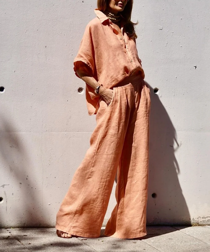 Mila - Traje casual de dos piezas de lino naranja