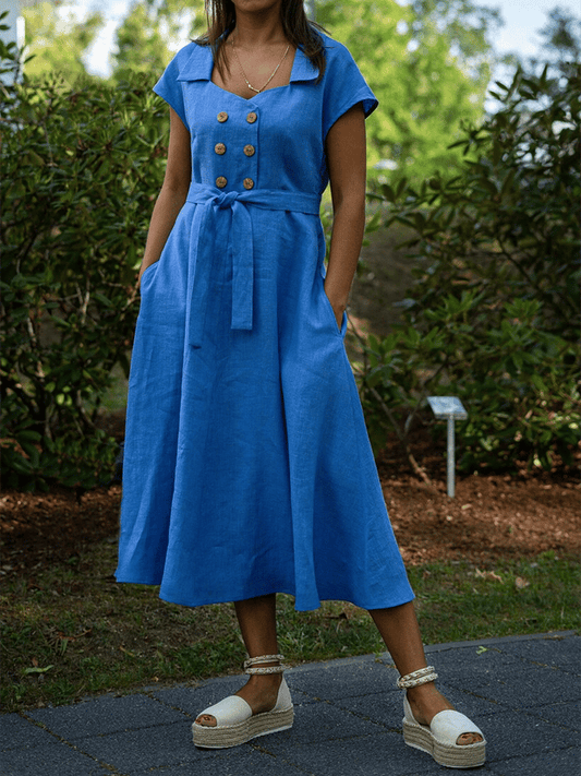 Carolina -Vestido casual con dos bolsillos y solapa de color liso para mujer