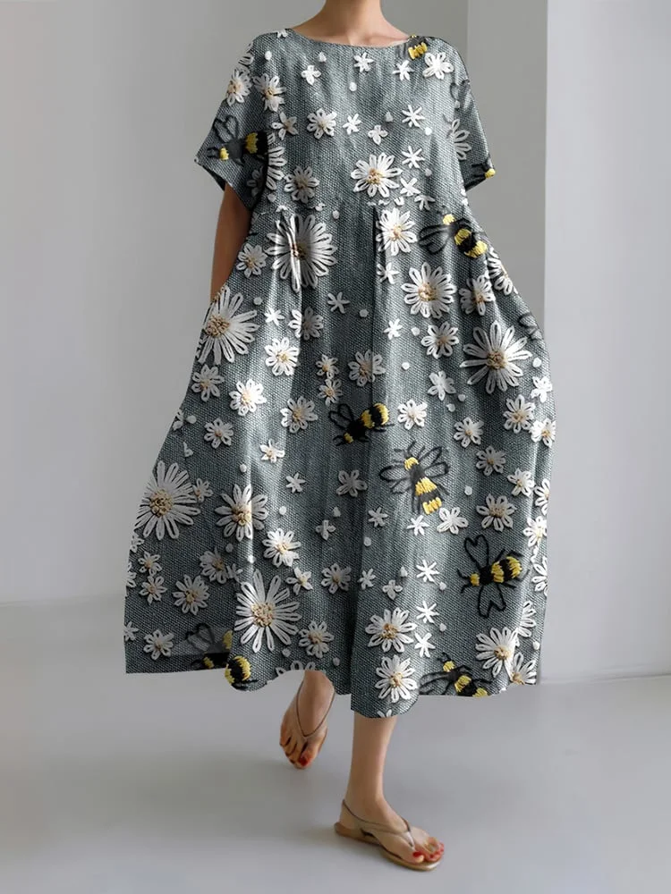 Susana - Vestido casual con estampado de abeja y encaje floral para mujer