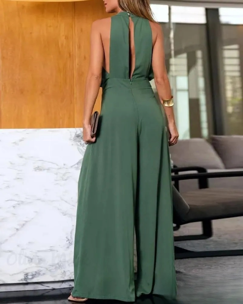 Yanira - Ruched Slit Sleeveless Wide Leg Jumpsuit