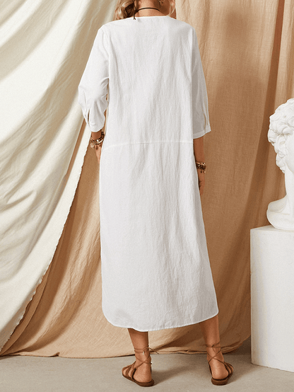 Casual Loose Button round Neck Plain Solid Maxi Dress with Pocket