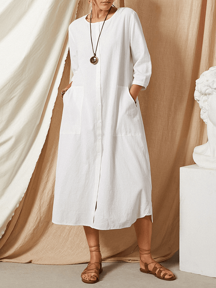 Casual Loose Button round Neck Plain Solid Maxi Dress with Pocket