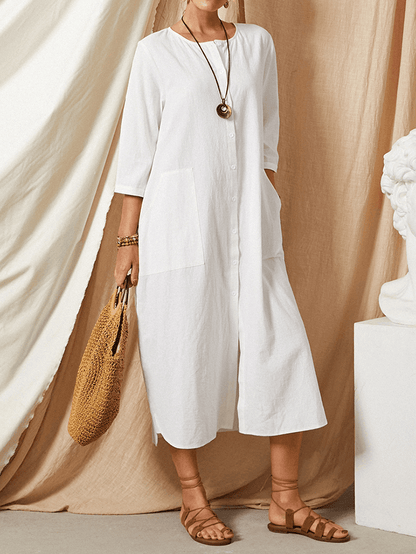 Casual Loose Button round Neck Plain Solid Maxi Dress with Pocket