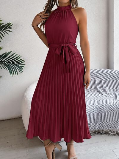 Zenaida® | Vestido midi sin mangas con cintura anudada plisada