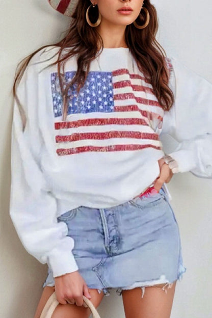 Xandra® | Sudadera de manga larga con cuello redondo y bandera de EE. UU.