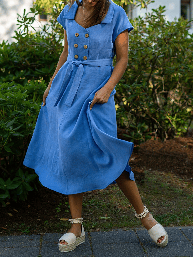 Carolina -Vestido casual con dos bolsillos y solapa de color liso para mujer