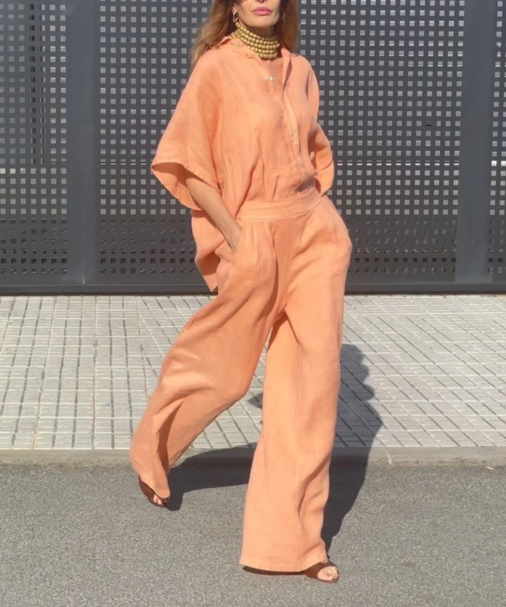 Mila - Traje casual de dos piezas de lino naranja