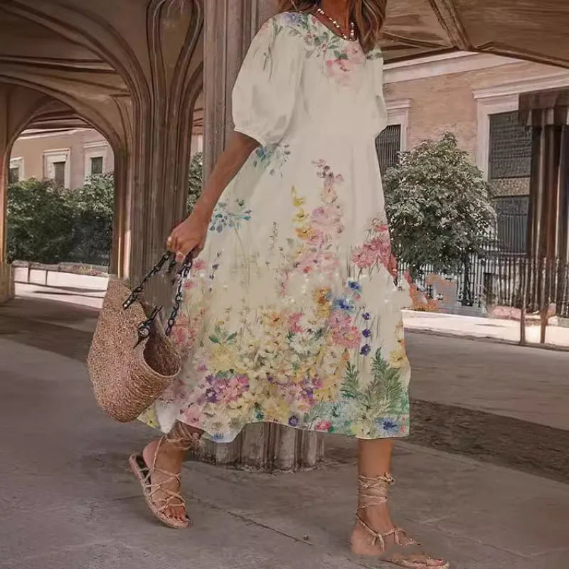 Berta - Vestido suelto de mujer con estampado floral retro botánico