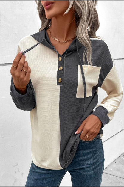 Yesenia® | Sudadera con capucha de punto waffle de manga larga bicolor