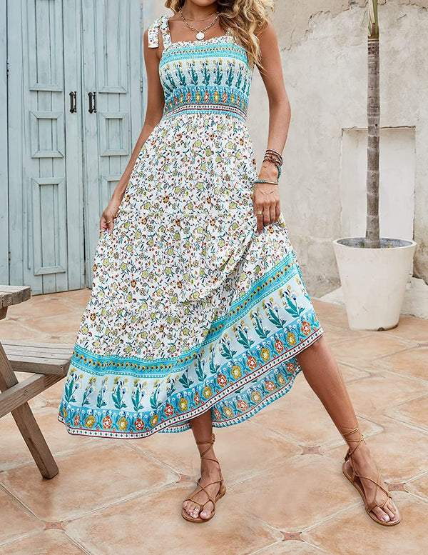 Casandra - Vestidos Sueltos de Tirantes Estampados Bohemios Largos de Verano para Mujer