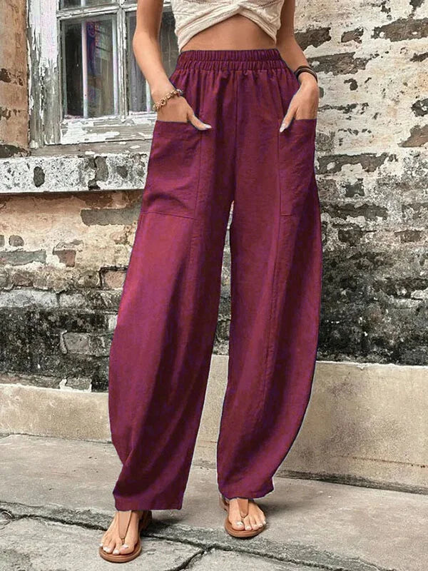 Malena - Pantalones sueltos de color liso con bolsillos elásticos de talla grande