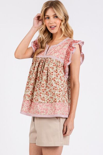 Yolanda® | Blusa con mangas japonesas y volantes con muescas florales