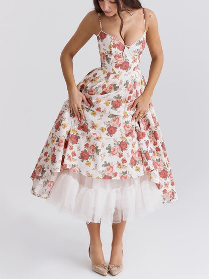 Victoria - Vestido midi de tul con estampado de rosas italianas