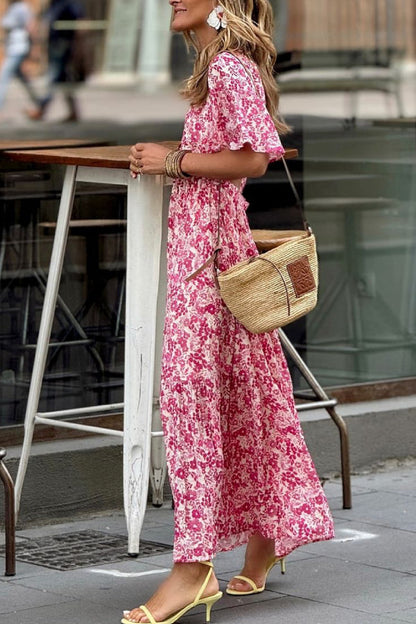 Tatiana® | Vestido de fiesta casual rojo floral con cuello en V