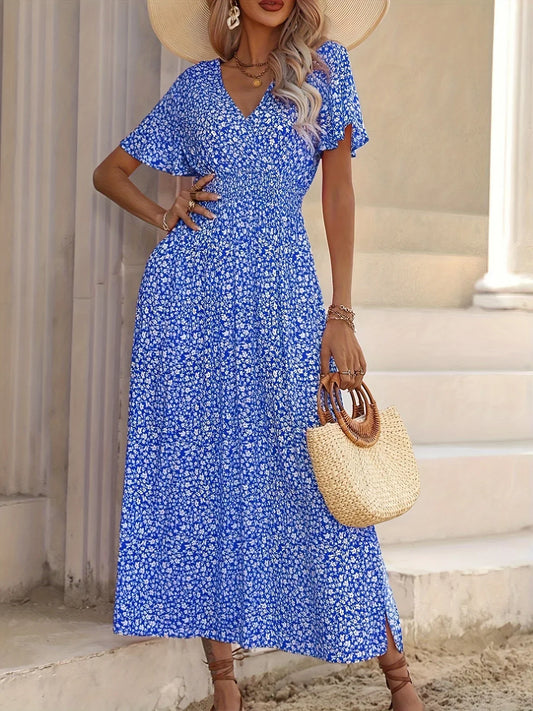 Vestido de manga corta con estampado floral, elegante vestido midi de manga corta para primavera y verano, vestido boho para mujer