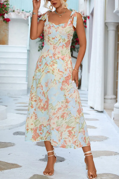 Berta - Vestido midi palabra de honor con tirantes y estampado floral