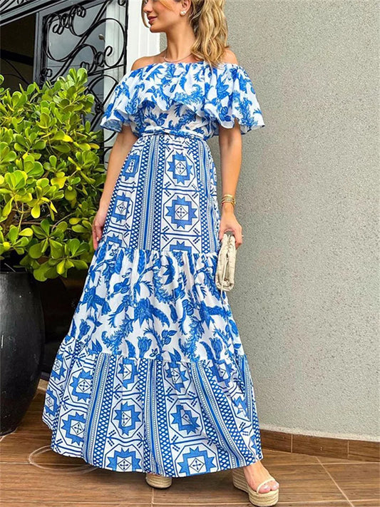 Vestido de primavera y verano con cuello alto y estampado bohemio Para mujer