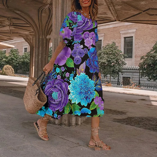 Berta - Vestido suelto de mujer con estampado floral retro botánico