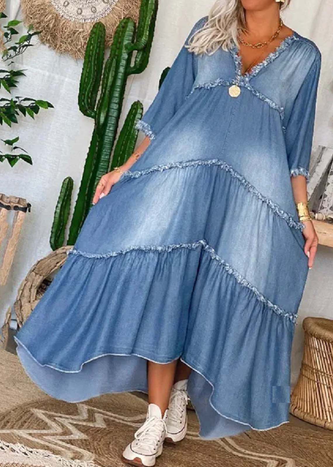 Yanira - Vestido largo vaquero con borlas y escote en V en azul marino de media manga