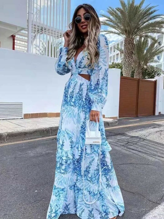 Estefania - Elegante vestido de manga larga con escote en V estampado