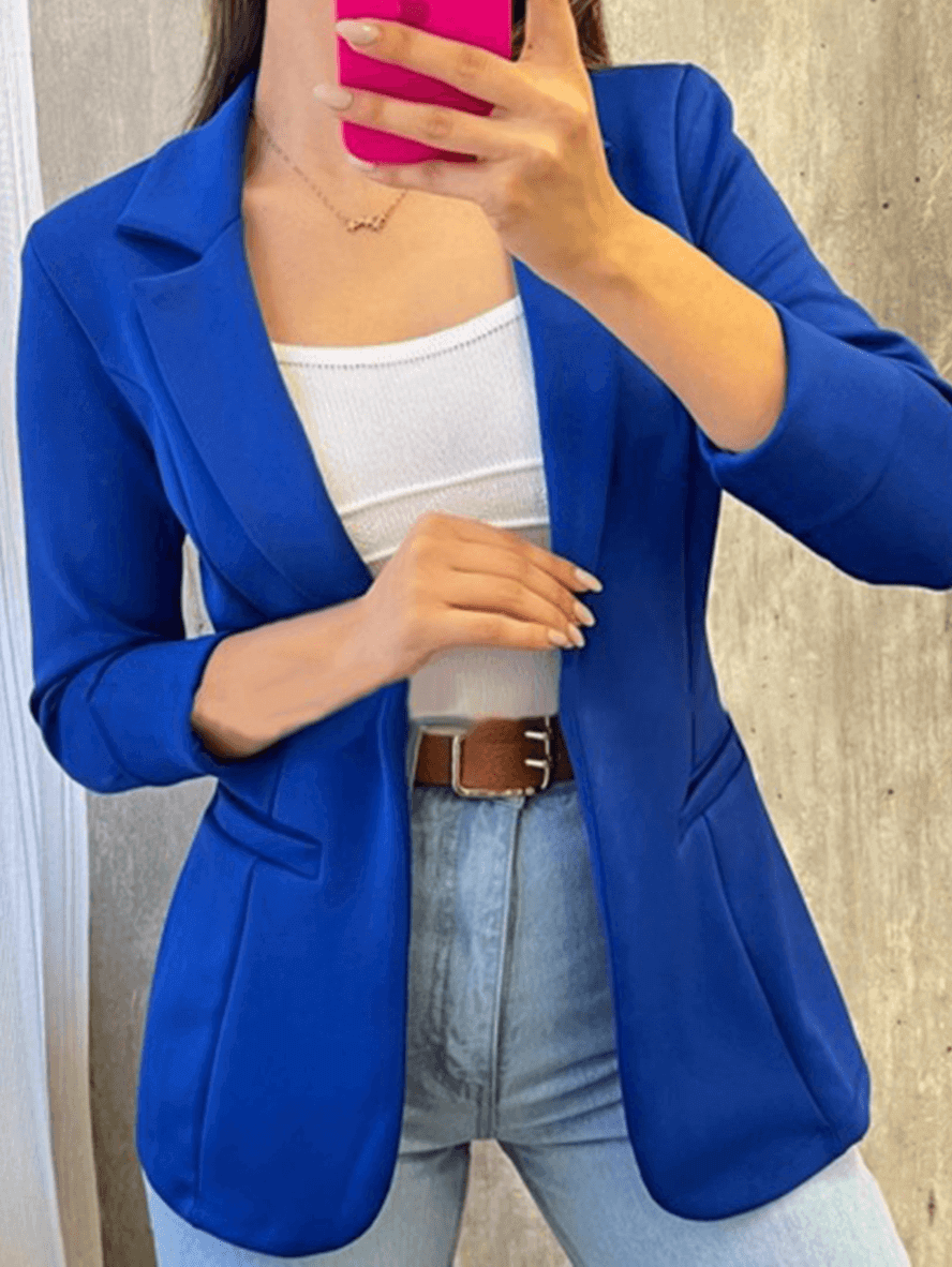 Teresa® | Blazer de oficina de color liso, bolsillos, cuello de solapa, mangas largas, estilo traje de mujer, chaqueta de moda elegante