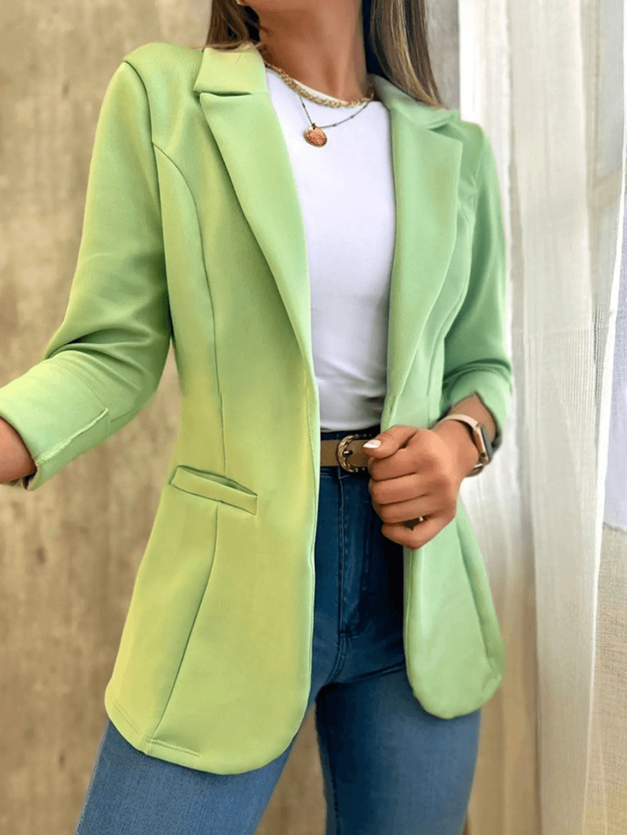 Teresa® | Blazer de oficina de color liso, bolsillos, cuello de solapa, mangas largas, estilo traje de mujer, chaqueta de moda elegante