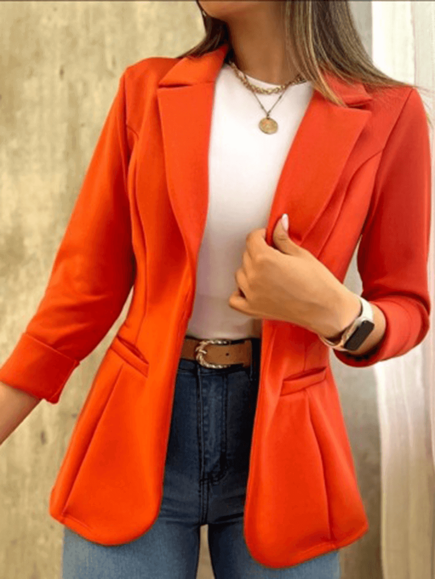 Teresa® | Blazer de oficina de color liso, bolsillos, cuello de solapa, mangas largas, estilo traje de mujer, chaqueta de moda elegante