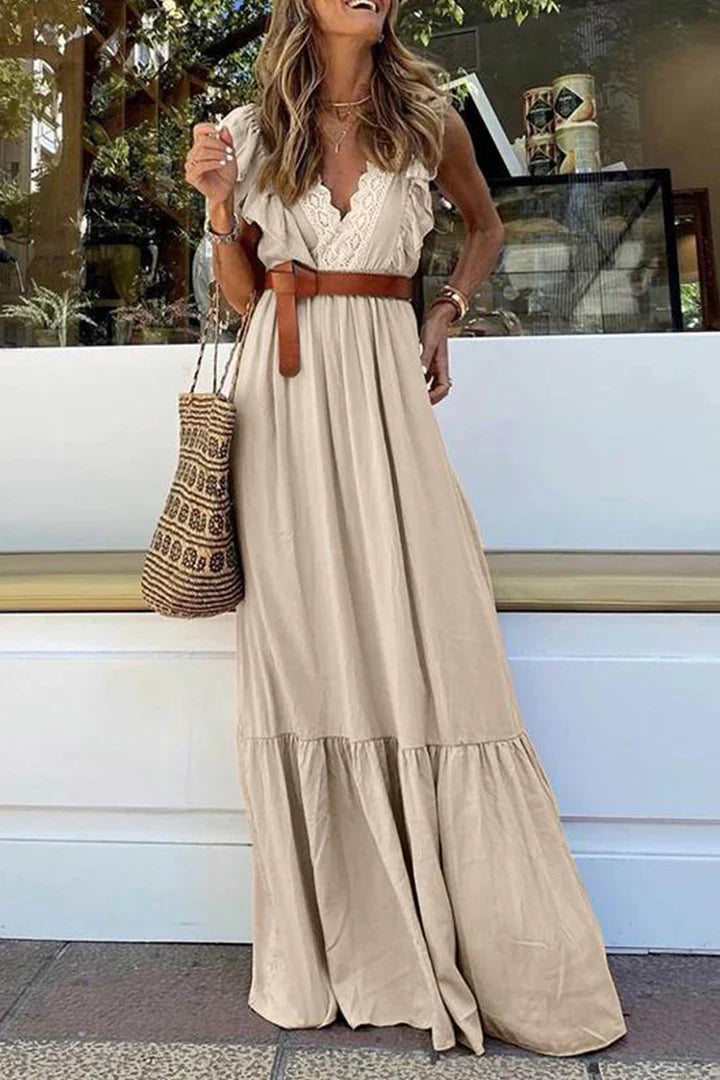 Blanca - maxi vestido de encaje con escote en pico y volante