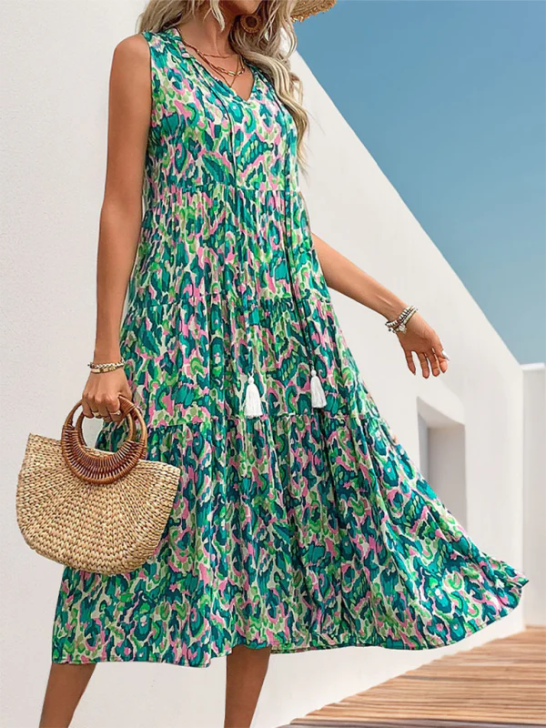 Camila - Vestido midi en línea A con estampado abstracto azul-verde para festivales de verano