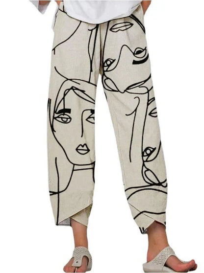 Linda - Pantalones sueltos de mujer con cintura gris y costuras estampadas