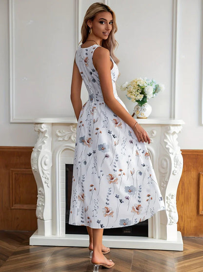 Lola - Elegante vestido midi con estampado floral y profundo escote en V y cintura alta