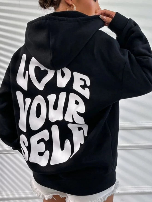 Zina® | Sudadera con capucha con hombros caídos y estampado “Love Yourself” en la espalda