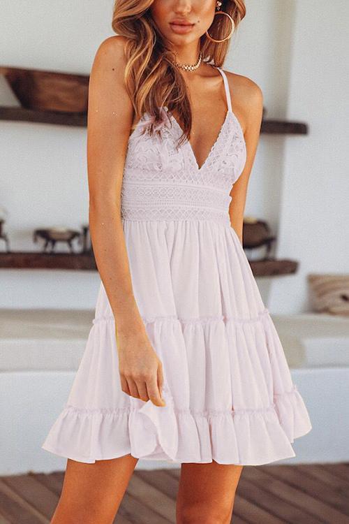 Sexy V Neck Tiered Ruffle Pink Blending Mini Dress