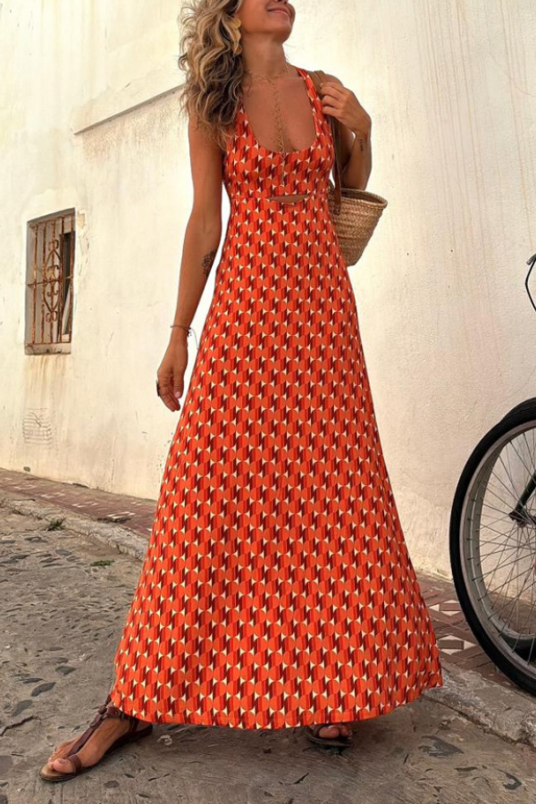 Zara® | Vestido naranja de manga corta con tirantes largos y estampado regular