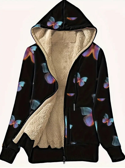 Yasmina® | Sudadera con cremallera y forro de pelo sintético con estampado de alas de mariposa