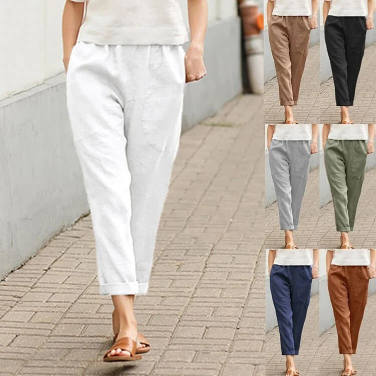 Pantalones sueltos de lino-algodón para mujer de talla grande