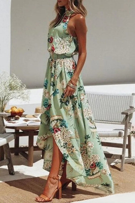 Berta - Vestido Verde Con Estampado Floral Y Cuello Redondo De Moda