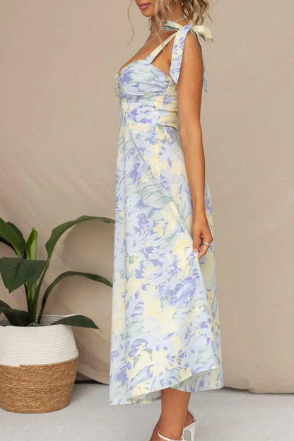 Berta - Vestido midi palabra de honor con tirantes y estampado floral