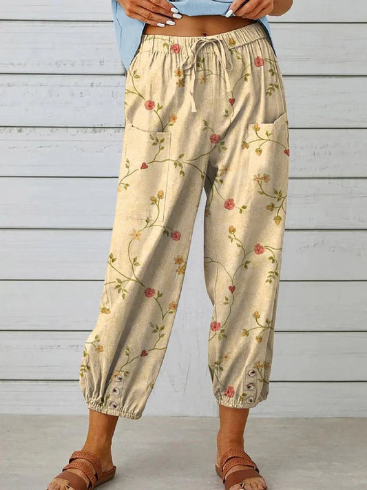 Amalie - Pantalones casuales de mujer con elegante estampado floral retro de algodón y lino