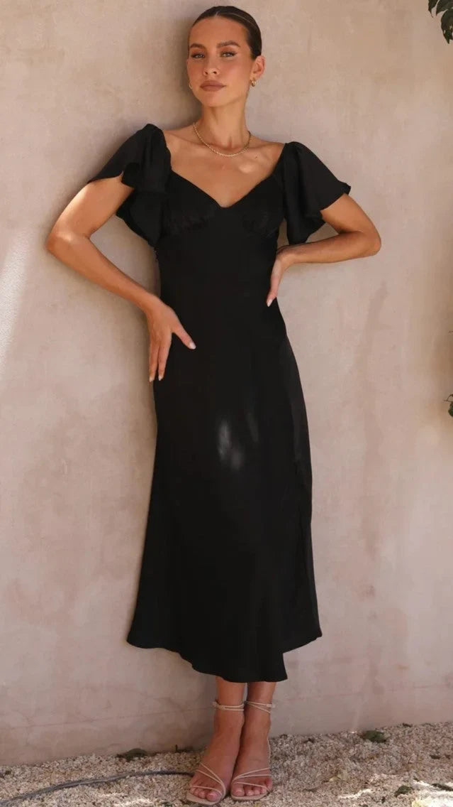 Victoria - Vestido midi negro con hombros descubiertos