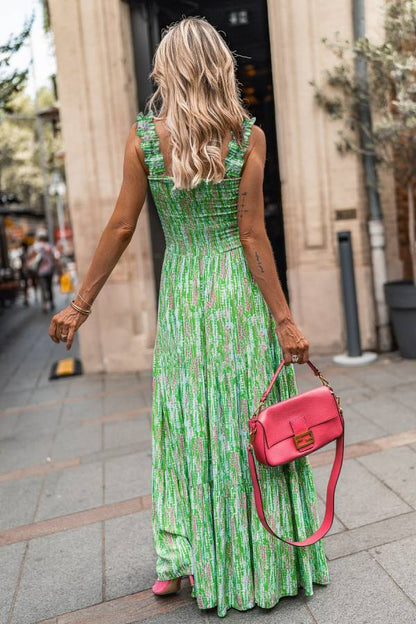 Tamar® | Falda de tirantes francesa verde sin mangas con estampado floral