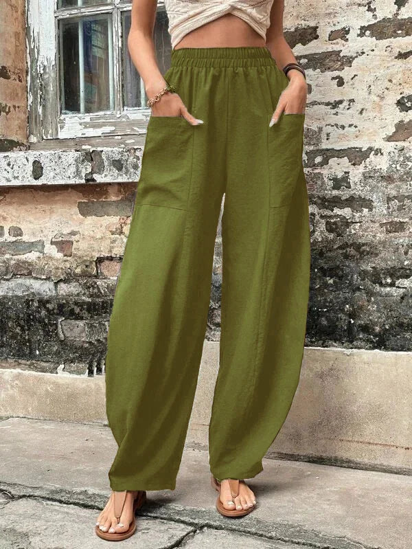 Malena - Pantalones sueltos de color liso con bolsillos elásticos de talla grande