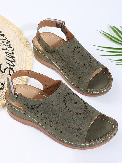 Laura - Sandalias vintage de velcro perforado con estampado étnico